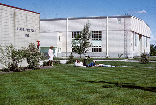A view of the Plant Sciences Building with students lounging